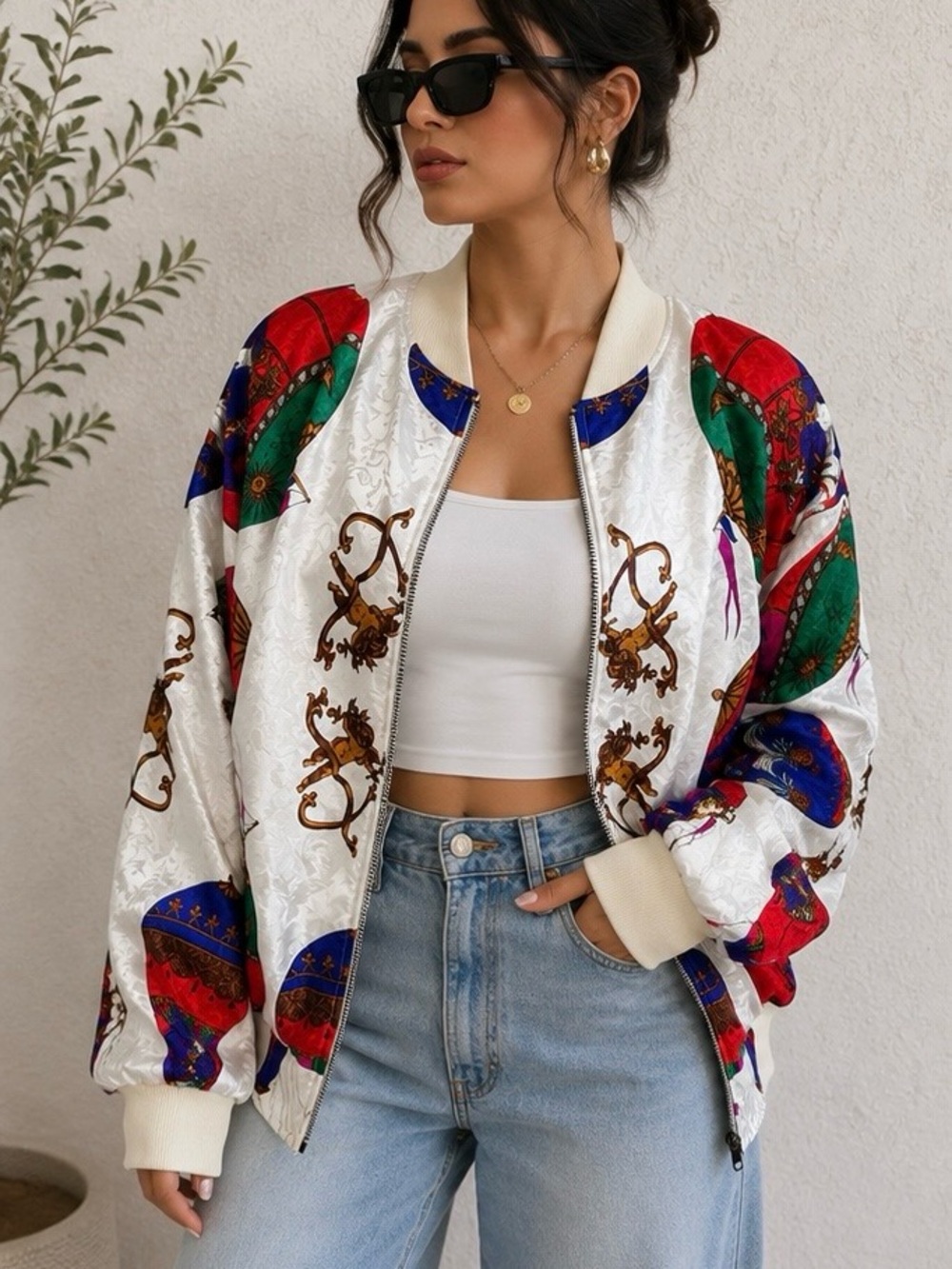 Vintage Satin Bomber Jacket Colorful Baroque Print – Statement Piece